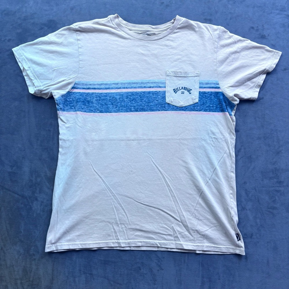 Billabong Mens XL Premium Cotton Pocket T-Shirt Stripe Off White Blue Pink